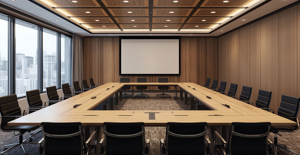 Responsable mesurant l'espace de circulation dans une salle de réunion professionnelle