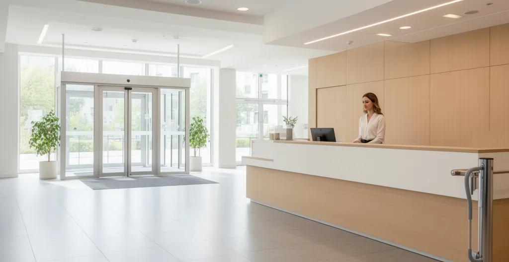 Hall d'accueil spacieux avec banque d'accueil PMR et espace de circulation dégagé