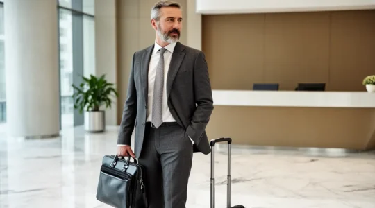 Hall d'accueil professionnel avec banque d'accueil compacte et visiteur observant l'espace