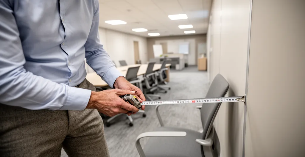 Responsable mesurant l'espace de circulation dans une salle de réunion professionnelle