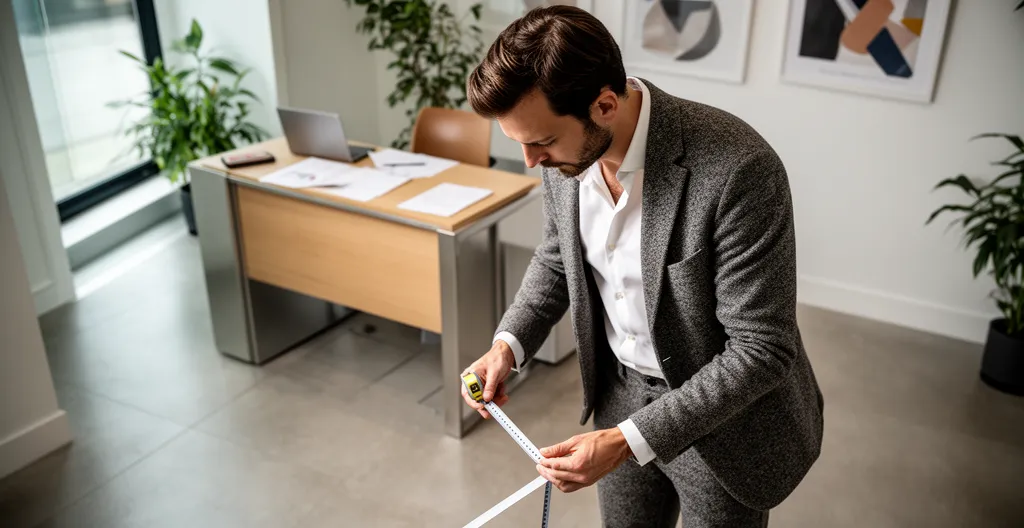 Conseiller mesurant l'espace disponible dans un hall d'accueil professionnel
