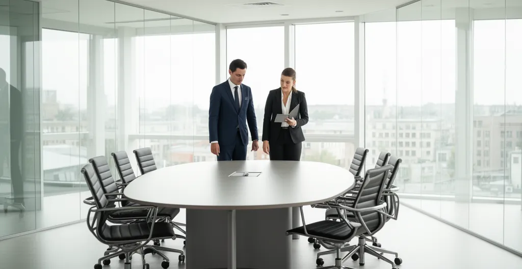 Professionnels évaluant l'espace de circulation autour d'une table de conférence ovale moderne