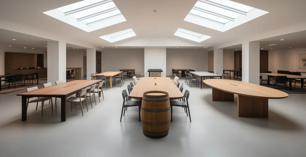 Showroom mobilier professionnel présentant différentes formes de tables de conférence