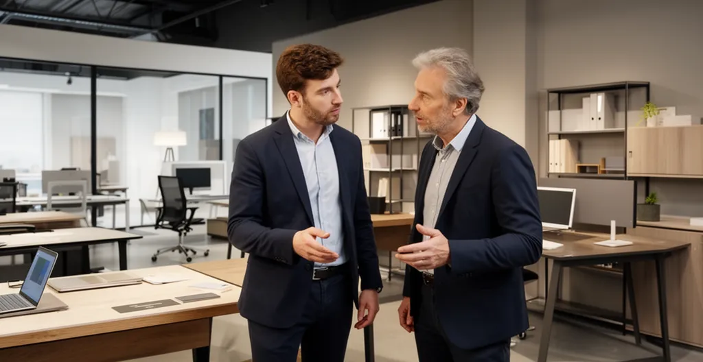 Conseiller et client en showroom de mobilier de bureau à Bordeaux