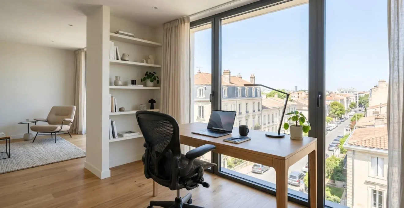 Bureau à domicile moderne et épuré avec fauteuil ergonomique noir positionné face à un grand écran, lumière naturelle abondante traversant une fenêtre
