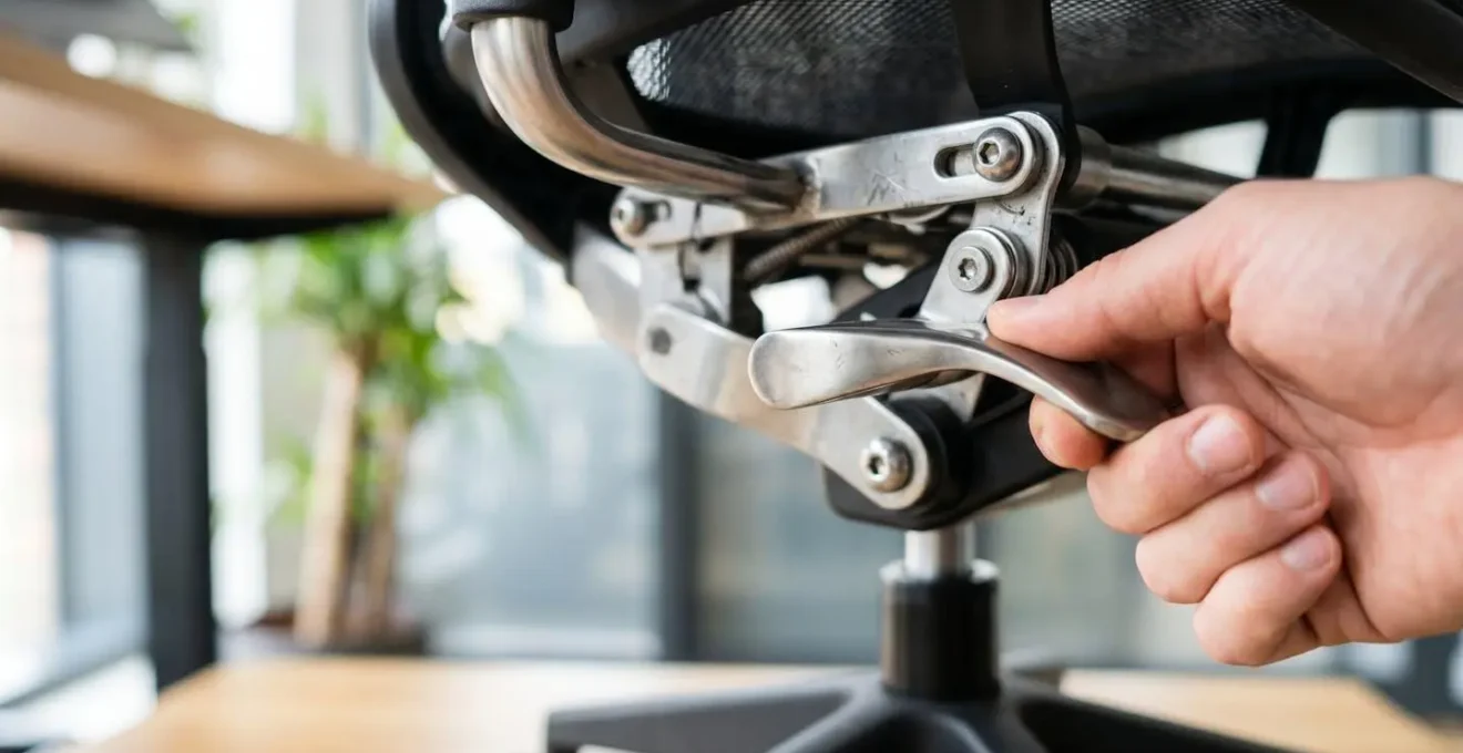 Gros plan sur une main actionnant le levier de réglage de hauteur d'un fauteuil de bureau moderne, mécanisme métallique visible