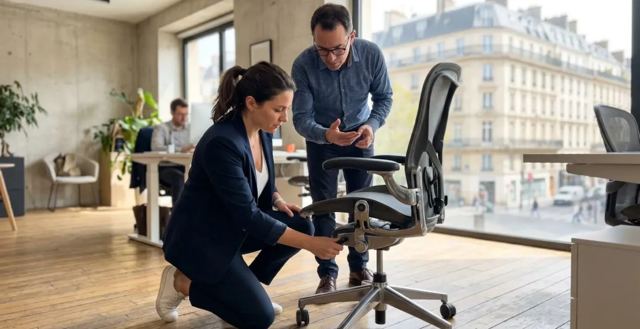 Deux professionnels dans un bureau lumineux, l'un assis ajustant le soutien lombaire d'une chaise ergonomique, l'autre debout observant de profil