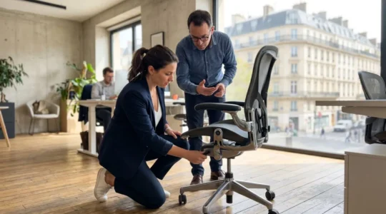 Deux professionnels dans un bureau lumineux, l'un assis ajustant le soutien lombaire d'une chaise ergonomique, l'autre debout observant de profil
