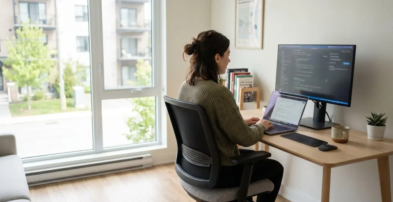 Une femme vue de dos travaille sur son ordinateur portable dans un bureau à domicile contemporain, lumière naturelle traversant la fenêtre
