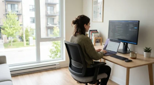 Une femme vue de dos travaille sur son ordinateur portable dans un bureau à domicile contemporain, lumière naturelle traversant la fenêtre