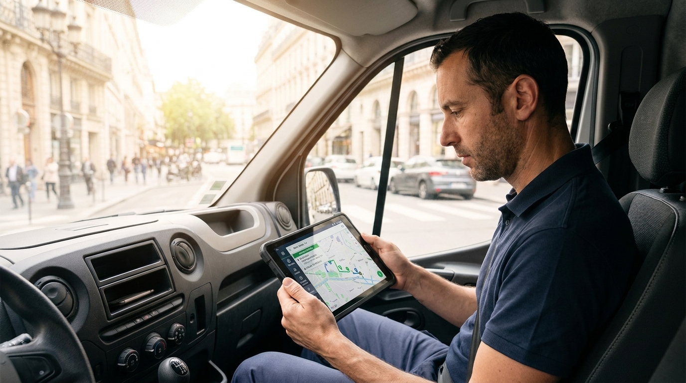 Technicien consultant une tablette numérique dans la cabine de son véhicule utilitaire pour vérifier son planning d'interventions