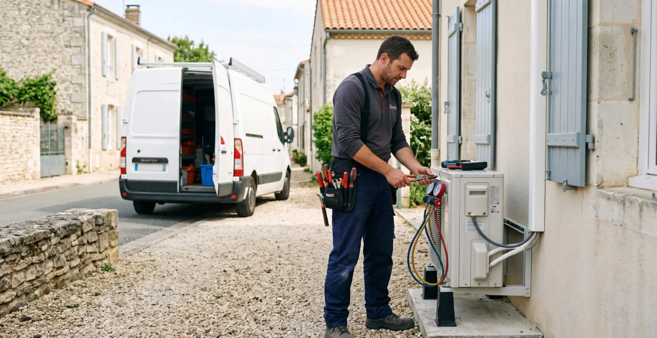 Technicien de maintenance intervenant sur une installation technique extérieure avec son véhicule utilitaire en arrière-plan