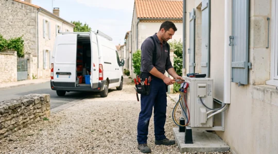 Technicien de maintenance intervenant sur une installation technique extérieure avec son véhicule utilitaire en arrière-plan