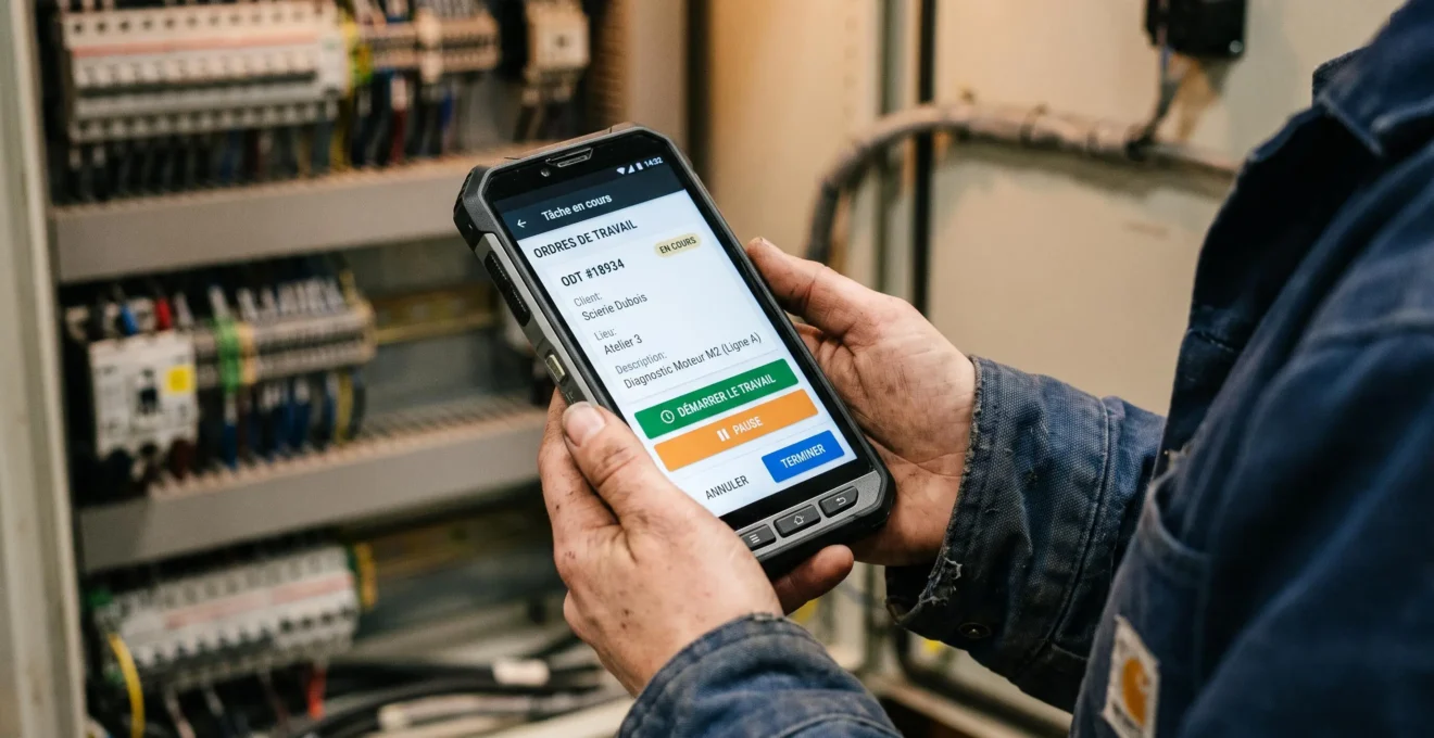 Mains d'un technicien consultant une application professionnelle sur smartphone lors d'une intervention terrain
